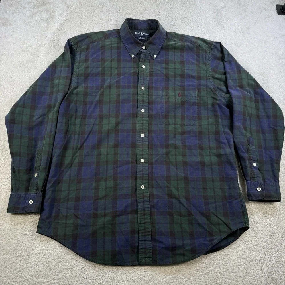 Polo Ralph Lauren Shirt Men Large Blaire Blackwatch Tartan Plaid Blue Green Pony